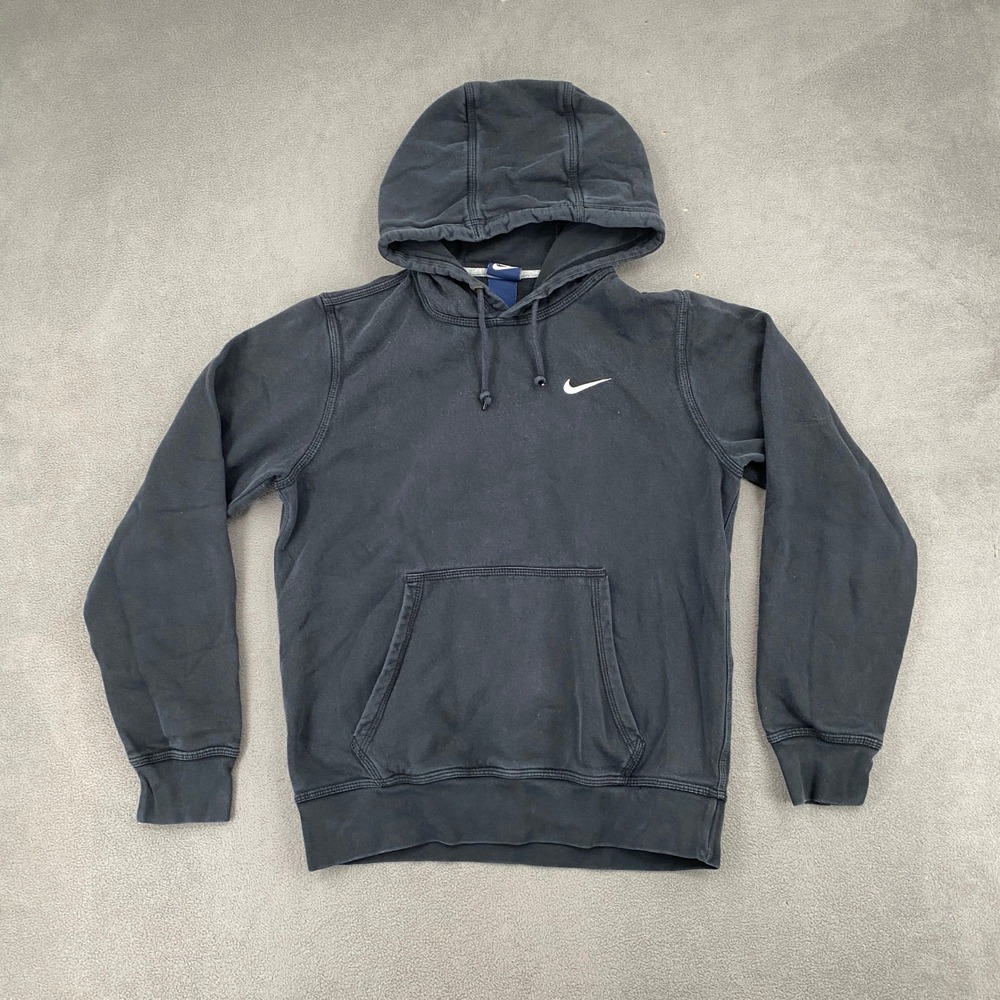 Nike Hoodie Mens Small Black Y2K Faded Pullover Swoosh Sweatshirt 8192